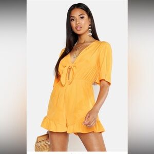 Orange Ruffled Tie-Front Romper